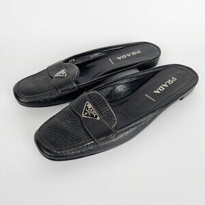 Vintage Prada 90s Y2K Leather Penny Loafer Slide Mules Slip On Flats 1990s 2000s